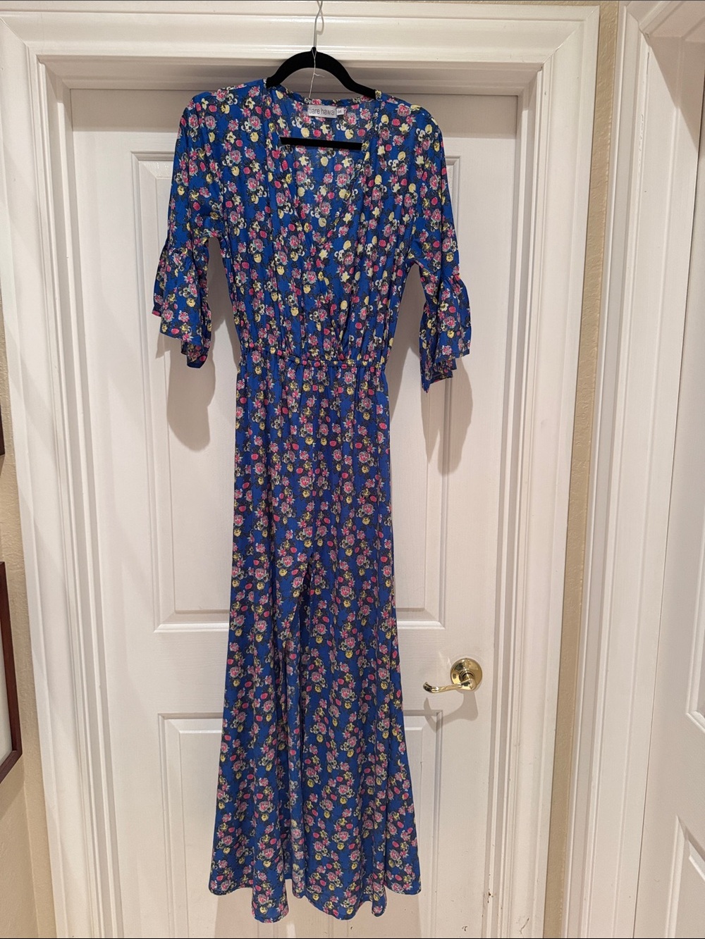 0035. Tiare Hawaii Blue Floral V-Neck Maxi Dress